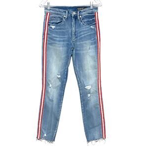 Blank NYC Rivington High Rise Jeans Raw Hem Distressed Red White Stripe Women 25